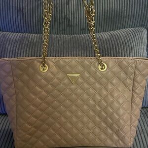 Guess Quilted Tote Bag in Beige with Gold Hardware
